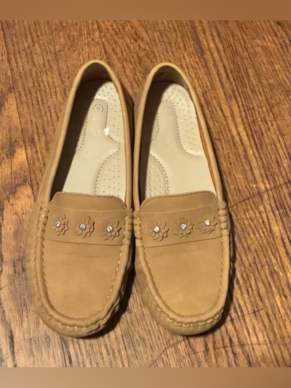 Women's Tan Slip-On Loafers with Floral Stud Embellishments